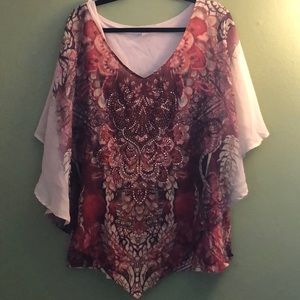 Flutter sleeve Dressbarn blouse. Tan and rust 3x